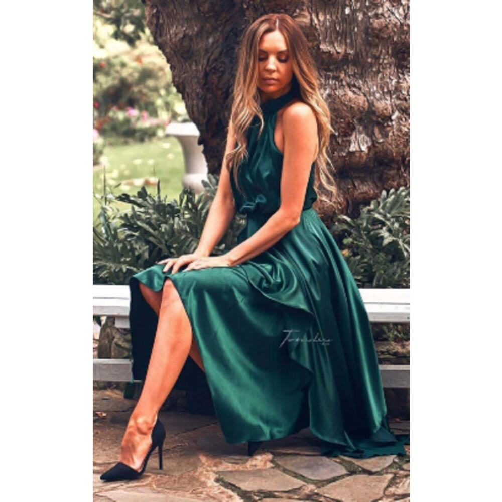 Two Sisters The Label Kathleen Midi Dress Womens XS/2 Emerald Green Halter Satin